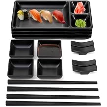 Pumtus 16 Piece Japanese Sushi Plate Set, Melamine Sushi Serving Set, Sushi Dinnerware Set - Includes 4 Sushi Serving Plates, 4 Sauce Dishes, 4 Pairs of Chopsticks, 4 Chopstick Holders Black