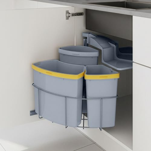 [en.casa] Cubo de Basura Cocina Kollby Empotrable Grande Capacidad 2x12 L + 1x6 L Papelera con Compartimentos Bajo Fregadero Sistema de Separación Residuos Cómodo Plástico Acero - Gris