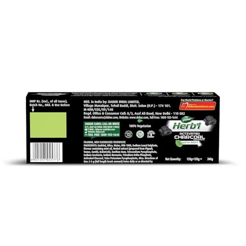 Image of DABUR Herb'L Activated Charcoal Toothpaste 480G (120G x4, Pack of 4) | Whitening Black Gel Toothpaste | Fluoride Free | Fights Plaque & Extrinsic Stains | With Power of Mint | Cool & Refreshing Mouth Experience