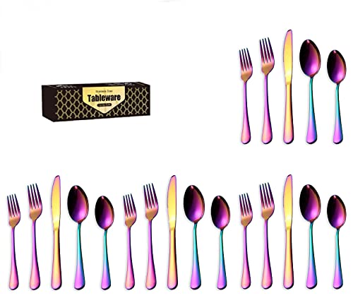 Image of aDai Combo Set of 20 Premium Rainbow Cutlery - Stainless Steel Luxury Dinnerware Tableware - Round Edge Serving Spoon Fork Knife - Reusable Mirror Finish for Home Kitchen Dining Table and Gift