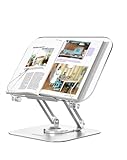 ACIsland Acrylic Book Stand for Reading-Adjustable Holder with 360° Rotating Base & Page Clips- Foldable Desktop Ricer for displaying Cookbook-Sheet Music-Laptop-Recipe-Textbook-Hands Free-Aluminium