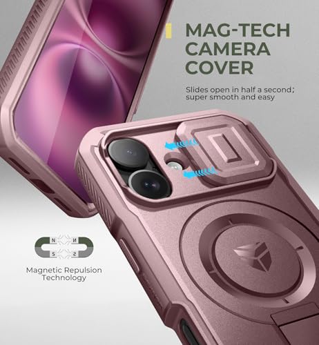 Image of Dexnor for iPhone 16 Case with Slide Camera Cover & Adjustable Kickstand & Built-in Screen Protector,Compatible Wireless Charging Shockproof Cases Heavy-Duty Magnetic Protective Cover,Peony Pink