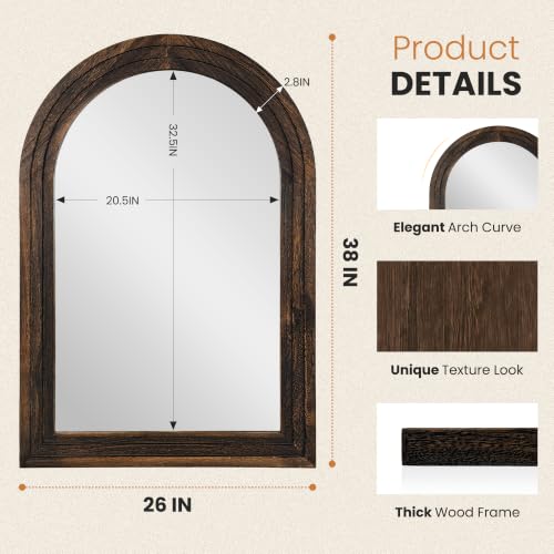 Arched Bathroom Mirror, 38"x26" Brown Wood Frame Wall Mirror - Image 4