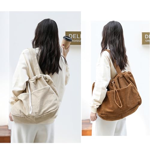 Image of WYCY Corduroy Tote Bag for Women, Large Capacity Corduroy Bag Work Drawstring Bags with Inner Pocket Office Tote Handbag