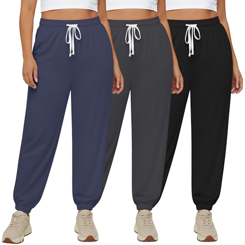 Neer 3 Pack Women's Plus Size Sweatpants Casual Loose Fit Drawstring Joggers Lightweight Athletic Lounge Pants with Pockets