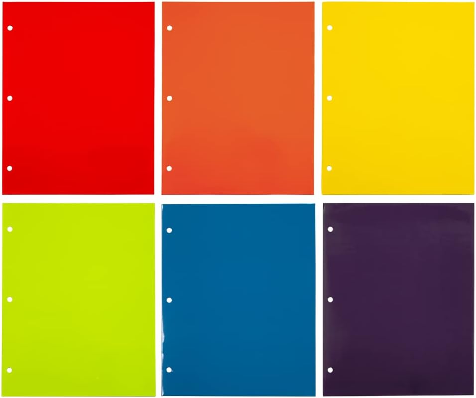 JAM PAPER Laminated Two Pocket Glossy 3 Hole Punch School Folders - Letter Size - High Gloss Assorted Primary Colors - 6/Pack