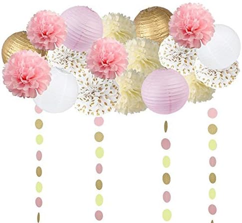 Sopeace 19PCS Tissue Craft Decoration Kit | Pretty Party Supplies: Pom Flowers, Garland &Lanterns | Pastel Pink, Gold Polka Dot & Ivory | Perfect poms for a Baby Shower or Girls First 1st Birthday.