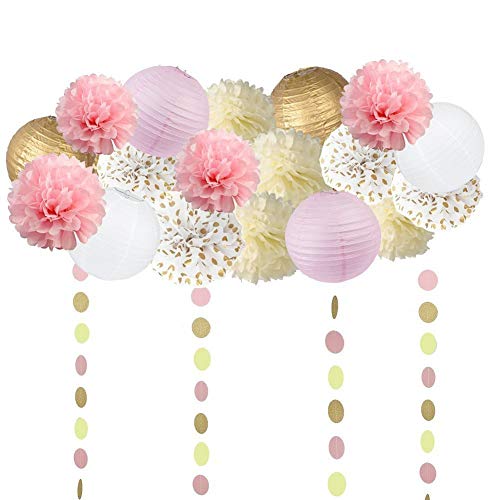 Sopeace 19Pcs Tissue Craft Decoration Kit | Pretty Party Supplies: Pom Flowers, Garland &Lanterns | Pastel Pink, Gold Polka Dot & Ivory | Perfect Poms For A Baby Shower Or Girls First 1St Birthday. #TOP2