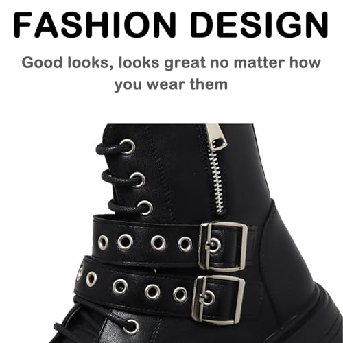 Men's Black Leather Platform Ankle Boots Lace up Side Zip Adjustable Buckle Lug Sole Non-Slip Combat Booties Fashion Punk Motorcycle Boots4