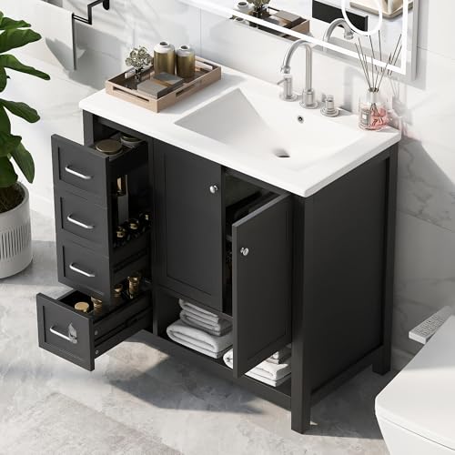 LUMISOL 36 Inch Bathroom Vanity with Ceramic Sink, Solid Wood Bathroom Cabinet with Drawers, 2 Doors & Adjustable Shelf, Freestanding Bathroom Vanity Cabinet with Offset Sink, Black
