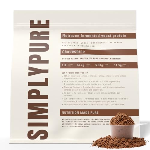 Image of SimplyPure Fermented Yeast Protein Powder - Chocochino - 1kg | 24.7g Complete Protein | Muscle Recovery & Lean Muscle Support | Gym & Fitness Supplement for Men & Women | Vegan Protein Powder | PDCAAS 1.0 | With Probiotics & Digestive Enzymes