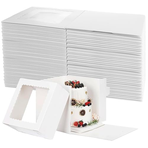 SENENQU 20pcs 8x8x8 Inches Cake Boxes with Window, White Bakery Dessert Boxes, 350grams Cardboard Cake Containers For Treats, Macarons, Donuts, Dessert, Cookies and Party Favor Boxes