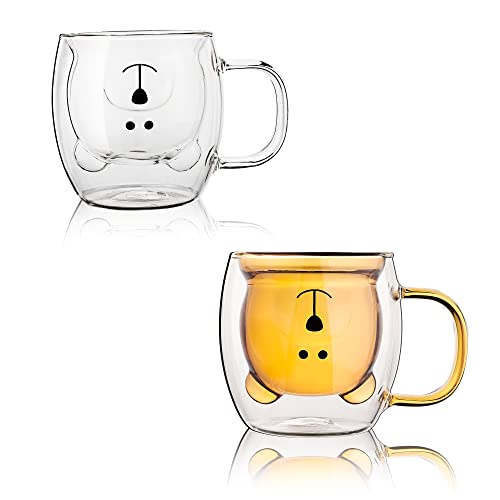 Cute Bear Mugs Set Of 2 Cute Bear Tea Cup 8.5 Oz Double Wall Glass Milk Coffee Bear Mug With Handle Insulated Espresso Beer Cup Cute Birthday Gifts For Women Men Valentine's Day (2 Pack, White Brown) #TOP20