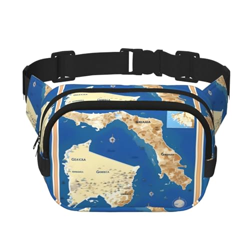 Riñonera con estampado de mapa de Grecia con correa ajustable, cuadrada, de doble capa, cinturón unisex en todas partes