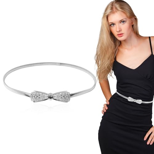 Silver Metal Cinch Belt, Bow-Knot Stretch Belt with Rhinestones, Elastic, 26-42.5 Inch, Women's Fashion Accessory