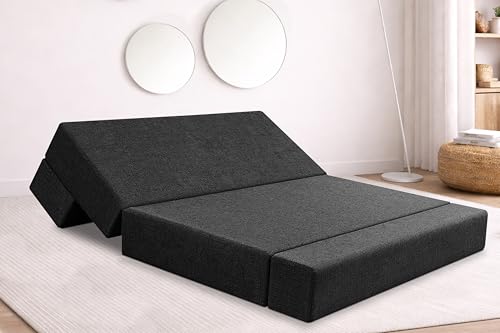 Image of Rosebell Two Seater Foldable Sofa Cum Bed (4x6 Feet) ? Jute Fabric, Washable Removable Cover, Includes Cushion | Space Saving Convertible Sofa Bed for Home, Office & Guests - Black