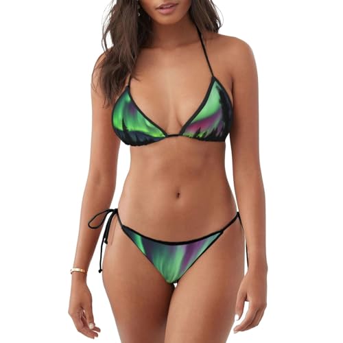 Traje de baño de dos piezas con estampado de auroras boreales para mujer, traje de baño sexy con triángulo de cuerda, Negro -, S