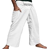 RaanPahMuang Striped Thai Fisherman Pants Men Women Loose Yoga Pirate Harem, Medium-Large, White