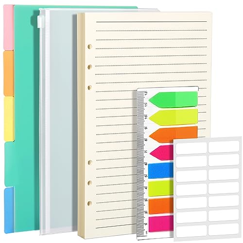 FANDAMEI A5 Refills - Lined Paper Set with PP Binder Divider Neon Index Flag & Zipper Pocket Paper Inserts with Subject Divider Planner Inserts