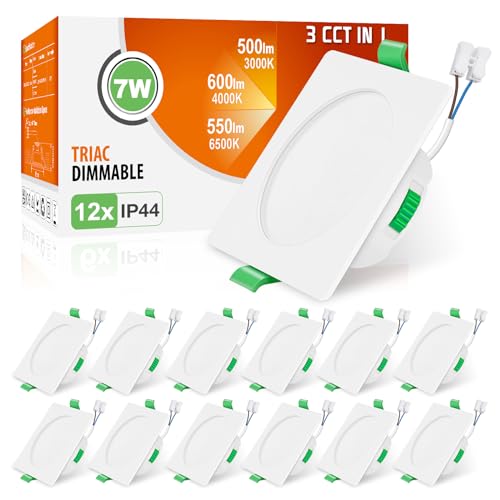 ALUSSO Faretti LED da Incasso per Cartongesso Dimmerabili, Ultrasottili 7W IP44 3000K 4000K 6500K Faretti LED Soffitto, AC 220-240V, Diametro Foro Ø67-75mm, Quadrato Bianco, Set di 12