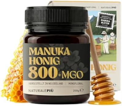 NaturalePiù Manuka Honig 800+MGO Laborgeprüft Neuseeland | 250 g. Monofloraler Honig aus Neuseeland, laborgeprüft auf Methylglyoxal, für Tee, Toast und Joghurt.