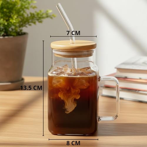 Image of ginoya brothers 600ml Mason Jar with Natural Bamboo Lid, Reusable Glass Straw & Handle | Leak-Proof Silicone Seal Glass Cup for Hot & Cold Beverages (PACK OF 1)