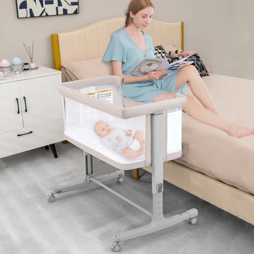 Image of INFANS 3 in 1 Baby Bassinet, Bedside Sleeper for Newborn, Folding Crib with Mattress, Travel Bag, Wheels, 4-Sided Mesh, Easy to Assemble Cradle Co Sleeper Stationary, Rock (Beige)
