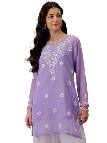 Image of Ada Women's & Girl's Georgette Hand Embroidered Lucknow Chikankari Regular Fit Short Kurti Top with Slip A911300