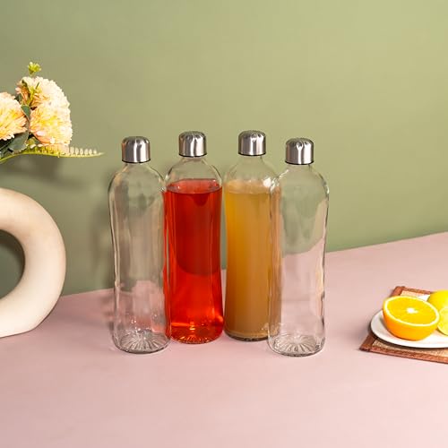 Image of Glassbunny Glass Water Bottle with Leak-Proof Airtight Stainless-Steel Lid for Water, Smoothie, Juices - Reusable Travel 500ml Borosilicate Glass Drinking Fridge Bottles Pack of 4