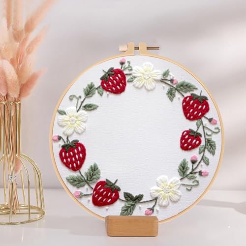 Image of Topapfo Strawberry Embroidery Kit for Beginners Adults, Funny Embroidery Patterns Hoops Thread Needles Tutorials