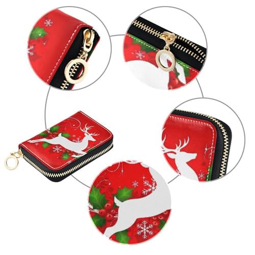 Credit Card Holder RFID Blocking Small Womens Wallet Zip Around Zipper Travel Wallet with Key Ring Red Reindeer Holly Christmas4