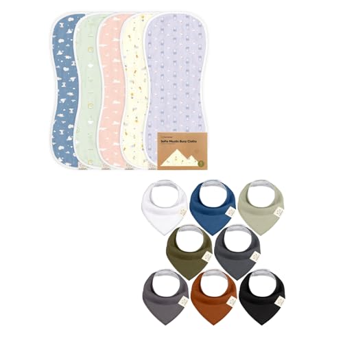 KeaBabies 5-Pack Muslin Baby Burp Cloths for Boys and Girls and 8-Pack Baby Bandana Bibs - Cotton Kids Washcloths, Burping Rags - Drool Bibs for Kids, Toddlers