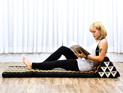 Image of Leewadee 3-Fold Mat with Triangle Cushion - Comfortable TV Pillow, Foldable Mattress with Cushion Made of Eco-Friendly Kapok, 67 x 21 inches, Black Orange