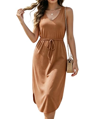 Image of Hount Womens V Neck Sleeveless Casual T Shirt Dress Summer Midi Dress with Pockets