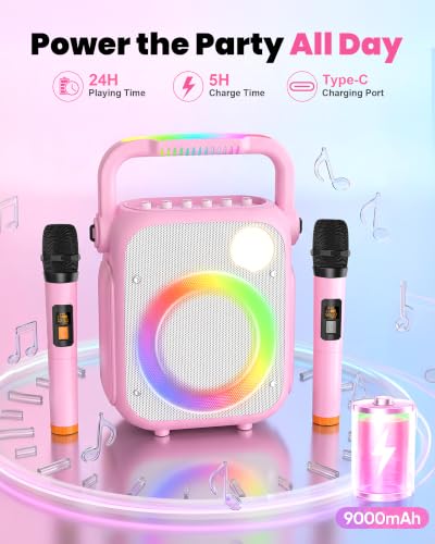 Image of Karaoke Machine for Adults Women Girls with 2 Mics,GuitarMode,Pink