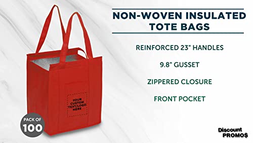 DISCOUNT PROMOS Custom Non-Woven Insulated Tote Bags Set of 100, Personalized Bulk Pack - Reusable, Great for Picnic, Camping, Beach, Outdoor Activities - Red3