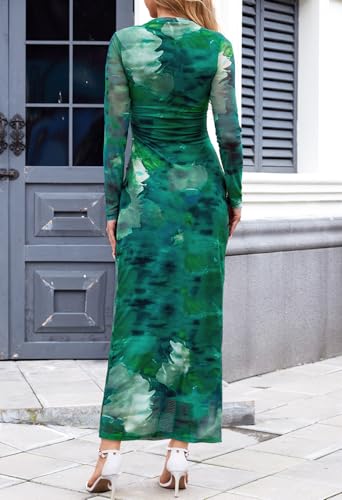 MEROKEETY Women's Long Sleeve Fall Wedding Guest Dress 2025 Bodycon Floral Mesh Ruched Cocktail Maxi Dresses4