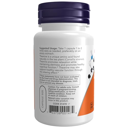 Image of NOW Foods Supplements, L-Theanine 200 mg with Inositol, Stress Management*, 60 Veg Capsules