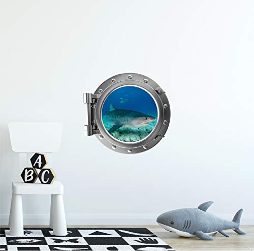 18" Port Scape Tiger Shark Silver Porthole 3D Window Wall Decal Removable Wall Sticker Deep Sea Animal Ocean Portal #TOP1