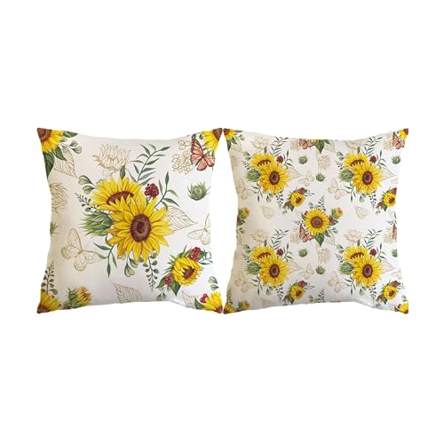 Throw Pillow Covers 18x18',Yellow Sunflowers and Butterflies Throw Pillowcase Decorative Cushion Case for Sofa Bedroom Cushion Home Decor Set of 2, White, beijiarui-covers -4