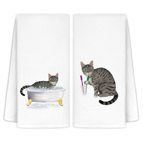 Jvpke Funny Gray Black Cat Decorative Towel Hand for Bathroom Kitchen Set of 2, Cat Gifts for Women Men, 16x24 in