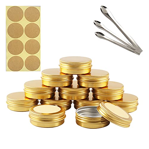 TIANZD 10 Pieces 30 ml Empty Gold Round Aluminum Tin Jars with Screw Lids Cosmetics Lip Balm Containers Pots for DIY Candle Salve Salt Powder Crafts Storage Cans with 3x Spoon, 10x Labels