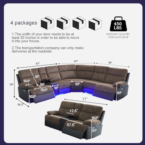 Image of Power Recliner Sectional Sofa Set, Living Room Furniture Sets, L-Shaped Recliner Sofa & Loveseat, Breathing Leather & Corduroy Sectional Reclining Couch with Cup Holders for Living Room