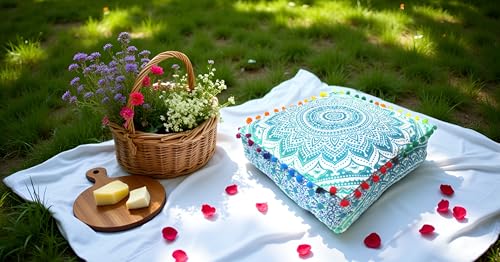 CRAFT KALA Green Ombre Large Hippie Mandala Meditation Floor Ottoman Pillow Cushion Pouf Cover Square Poufs Bohemian Circle Floor Cushion Case Outdoor Fireplace Yoga Living Room Decor Cover 16\" Square