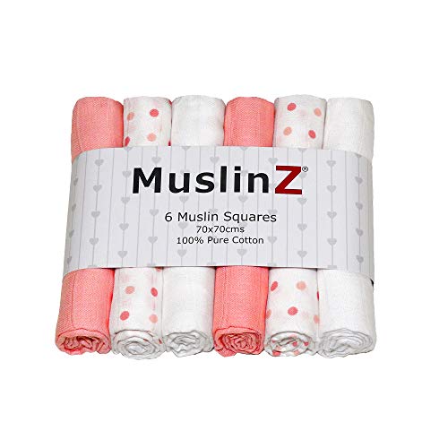 MuslinZ- 6 pack 100% pure soft cotton Muslin Squares Baby Burp Cloths in Plain, White and Polka Dot Mix 70x70cms Perfect for Newborns (6 Pack, Pink Combo)