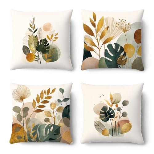 KOLUCIA Boho Abstract Tropical Blue Glod Leaves Pillow Covers 18x18 Set of 4 Mid Century Modern Decorative Pillows Case Soft Velvet Outdoor for Couch Sofa Bed Home Decor
