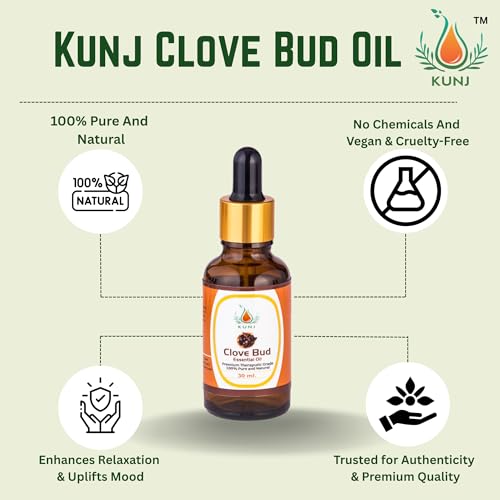 Image of KUNJ Clove Bud Oil (Syzygium aromaticum) 30ML - 100% Pure & Natural, Steam Distilled - Therapeutic Grade Oil for Natural Germ Protection, Aromatherapy & Skin Care