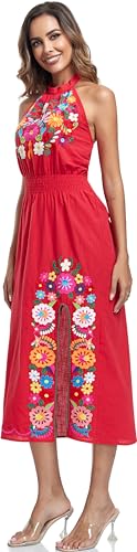 Image of Womens Mexican Floral Embroidered Halter Maxi Dress Side Slit Boho Dress