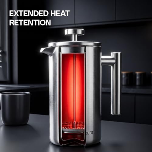 Image of AXEON French Press Coffee Maker | Double Wall Insulated 304 Stainless Steel Plunger | 3-Layer Filtration for Grit-Free Brew | Heat Retention, Rust-Free, Portable for Home & Office | Hot & Cold (350ml)