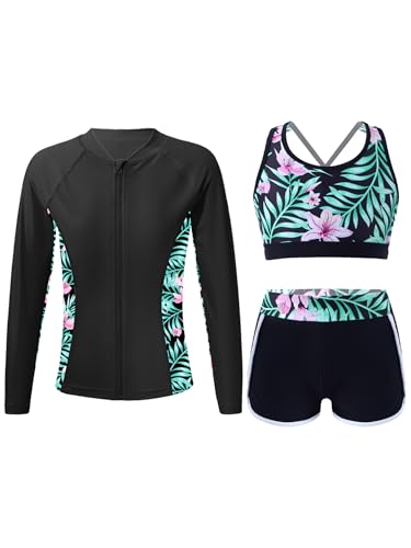 Yruioon Piezas Traje Baño Niña con Protección UV Camiseta Baño Manga Larga Tops Deporte Pantalones Bikini Deportivo Tankini Y Conjunto Ropa Natación Lirio con Cremallera 13-14 años
